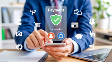 A digital payment interface screenshot overlaid on a blurred office desk setting.