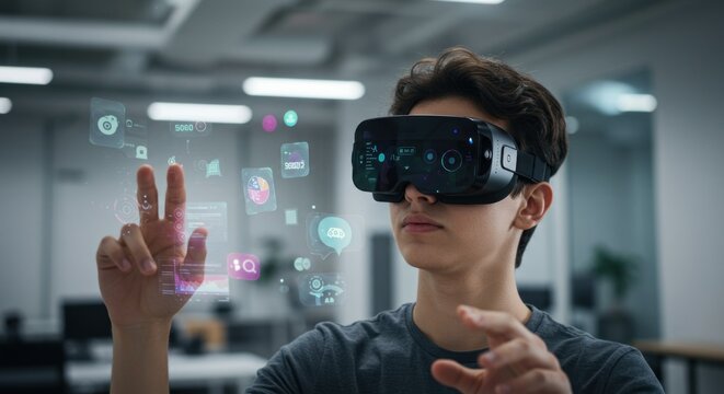 Young man wearing virtual reality headset interacting with holographic interface.