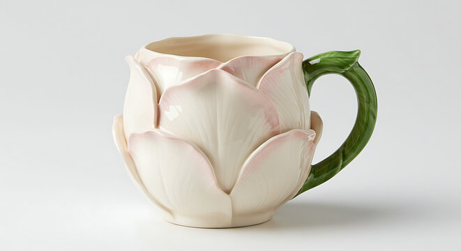 A delicate porcelain mug shaped like a blooming rose, with petal textures forming the cup and a leafy green handle