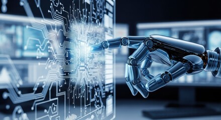 A robotic hand interacts with a glowing digital interface displaying complex circuitry and data