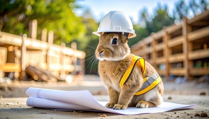 A rabbit wearing a hard hat and safety vest sits on blueprints at a construction site