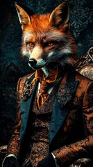 Fashion portrait of an anthropomorphic fox in a tie. 