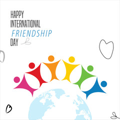 Happy International Friendship Day illustration with colorful diverse people holding hands over the globe.