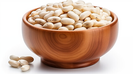 White beans fill a wooden bowl, some spilling onto the surface nearby isolated on transparent background