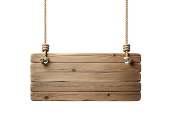 Empty rustic wooden plank sign hanging by ropes, a vintage billboard for text. Isolated on transparent background, png