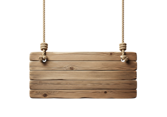 Empty rustic wooden plank sign hanging by ropes, a vintage billboard for text. Isolated on transparent background, png