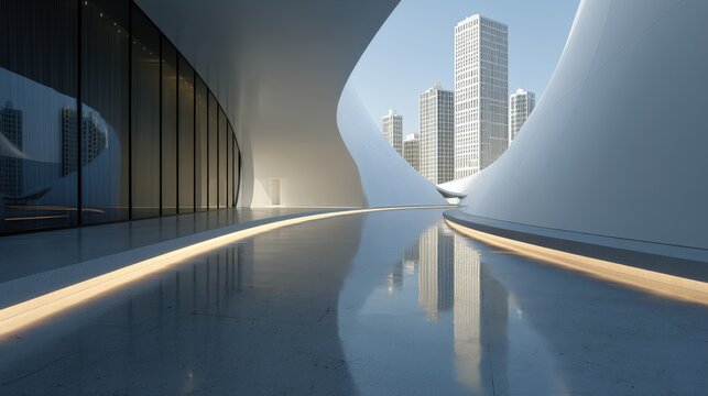 A modern architectural walkway features smooth, curved white walls and reflective floors, with tall skyscrapers visible in the background under a clear sky.