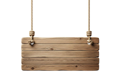 Empty rustic wooden plank sign hanging by ropes, a vintage billboard for text. Isolated on transparent background, png