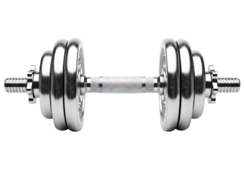 Shiny chrome dumbbell with adjustable weight plates for fitness training. Isolated on transparent background, png