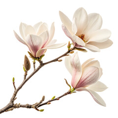 Obraz premium A delicate magnolia branch with three beautiful blossoms isolated on transparent background showcases the elegance and beauty of spring