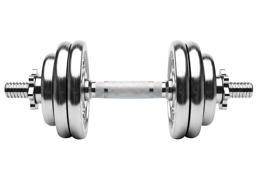 Shiny chrome dumbbell with adjustable weight plates for fitness training. Isolated on transparent background, png