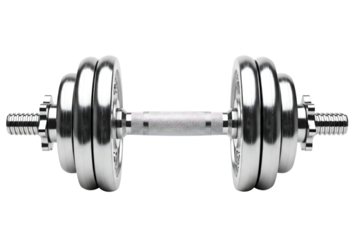 Shiny chrome dumbbell with adjustable weight plates for fitness training. Isolated on transparent background, png