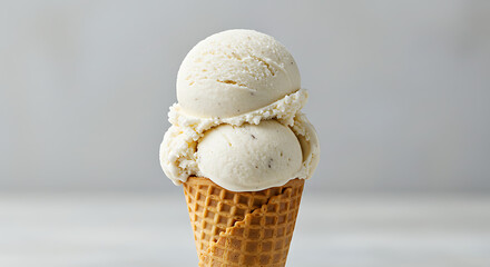 A scoop of creamy artisanal vanilla ice cream served in a waffle cone with visible texture, standing upright against a light gray background.