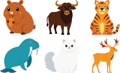 Set of Cute Cartoon Animals Vector Illustration on Transparent Background