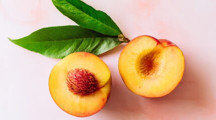 Freshly sliced peach with vibrant orange-pink background, highlighting juicy texture.
