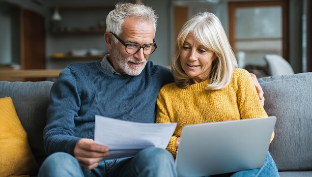 Senior Couple Reviewing Financial Documents at Home with Concern, Modern Interior and Laptop on Table