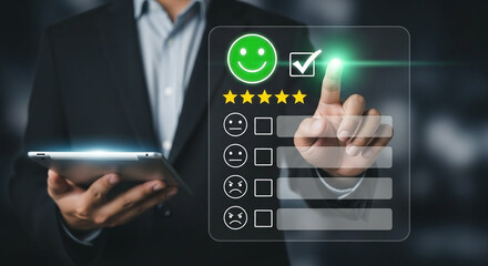 Businessman using tablet giving positive feedback with five star rating on digital satisfaction interface