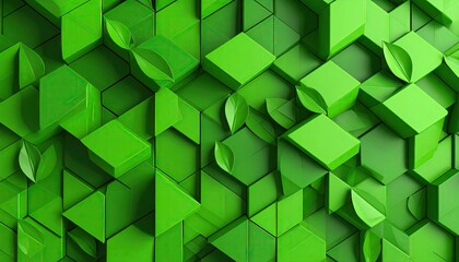 Abstract geometric pattern of interlocking, vibrant green shapes with small leaf elements