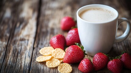 Breakfast coffee, strawberries, cereal
