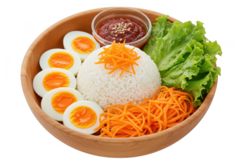 Healthy rice bowl with soft boiled eggs lettuce and carrots isolated on transparent background