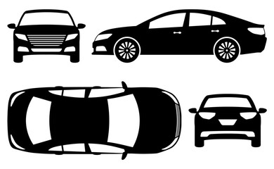 Car silhouette on a white background. Vehicle icons set view from the side, front, back, and top.