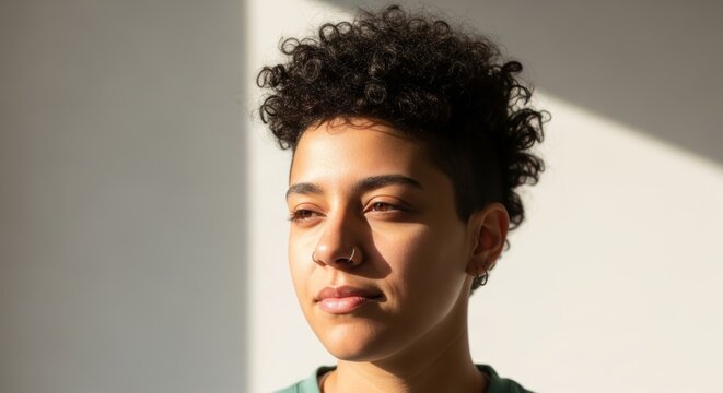 An expressive, half-body portrait of a young adult (25 years old) non-binary person with a unique short hairstyle, bathed in warm natural light, looking thoughtfully to the side.