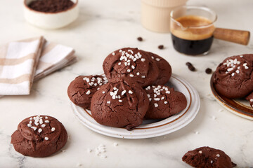 Chocolate brownie cookies with sugar sprinkles. Delicious homemade dessert.