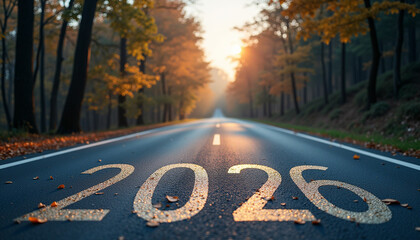 Flying on the road in the forest with numbers 2026, new year concept