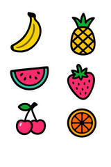 Colorful fruit illustrations including watermelon, banana, cherry, and pineapple.