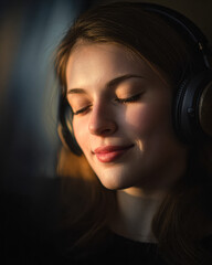 A young woman with closed eyes listens peacefully to music through large black headphones, bathed in warm, soft light.