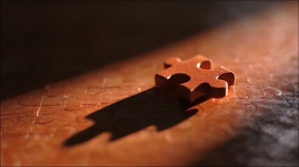 Single puzzle piece nearing completion, dramatic shadows highlighting connection.
