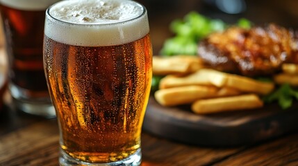 Frosty amber beer, pub fare