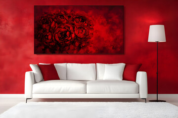 Red wall art, a white sofa, and a lamp in a red room with a white carpet