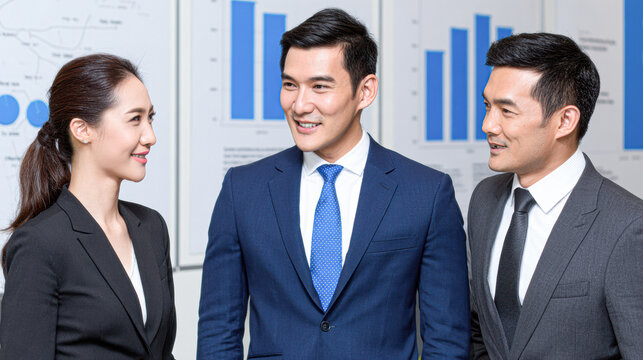Three business professionals in suits are engaged in a friendly conversation in an office with charts displayed in the background.