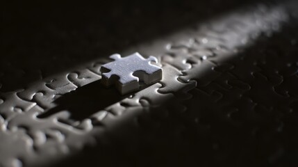 Single puzzle piece nearing completion, dramatic shadows highlighting connection.
