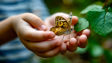Child's gentle hands cradle a beautiful butterfly in a garden, creating a moment of connection with nature.