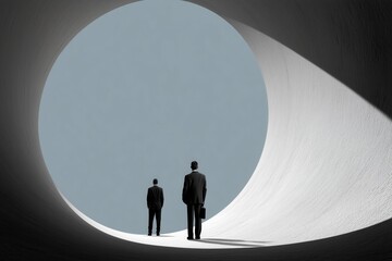 minimal 3D illustration of a businessman exploring abstract architectural space