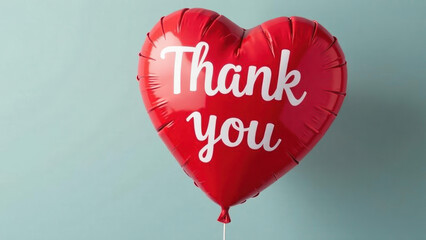 A glossy red heart-shaped balloon with "Thank You" written in white floats against a soft blue background, symbolizing gratitude, love, and appreciation. Celebrations, Cards, and gifts.