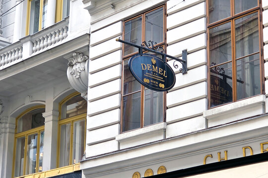 Vienna, Austria, May 5, 2025: Urban Architecture and Signage at Historic Demel Cafe in Vienna