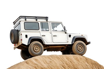 White off-road vehicle climbing a sand dune, exploring rugged terrain and nature landscapes