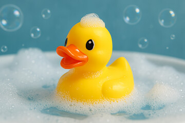 Cute yellow rubber duck surrounded by soap bubbles and foam in a bath. Perfect for kids, bath time, hygiene, playful, child care, and bathroom product advertising with fun and clean vibes.