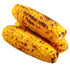 Three grilled corn on the cob with charred kernels isolated on transparent background