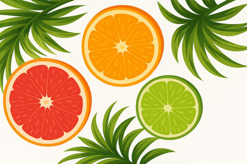 Fresh citrus fruit slices including orange, lime, and grapefruit with tropical leaves on a light background. Vibrant, healthy, and refreshing design. Summer, wellness. Natural food.