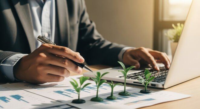 A businessman in a suit analyzes financial reports on a laptop, with small plants symbolizing growth on the desk