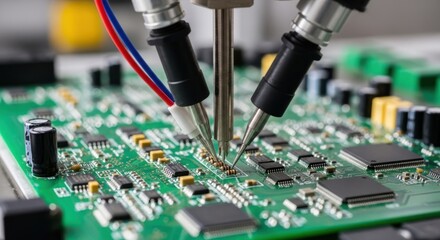 Closeup view of a technician testing a complex electronic circuit board with probes