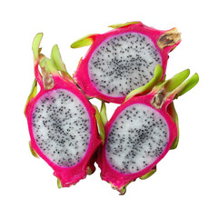 Three sliced dragon fruits with white flesh and black seeds isolated on transparent background