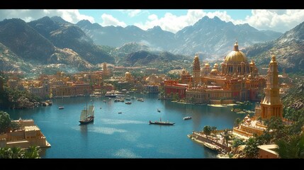 Coastal City, Mountains, Golden Domes