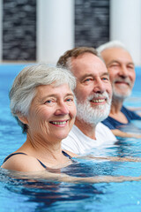Fototapeta premium Three elderly people smiling and enjoying themselves while relaxing in a swimming pool.
