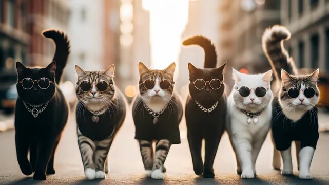 Cool Cats Gang Walking Down City Street in Sunglasses