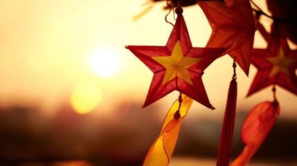 Red and yellow star-shaped lanterns glow against a golden sunset, with delicate silk ribbons fluttering in the breeze.
